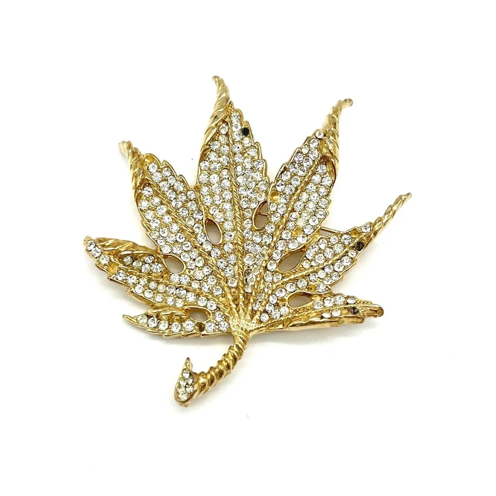 Rhinestone Leaf Brooch Pin Gold‎ Tone Statement Jewelry Missing Stones